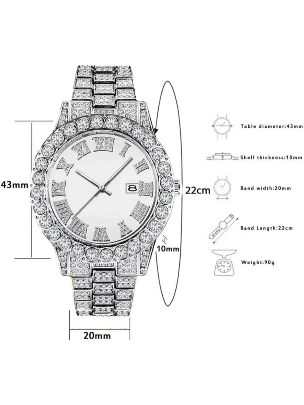 Men's All Silver Analog Crystal Rhinestone Diamond Iced-Out Bracelet Wrist Watch